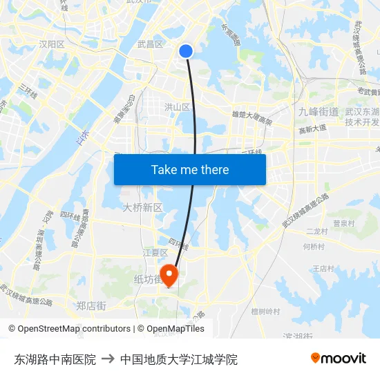 东湖路中南医院 to 中国地质大学江城学院 map