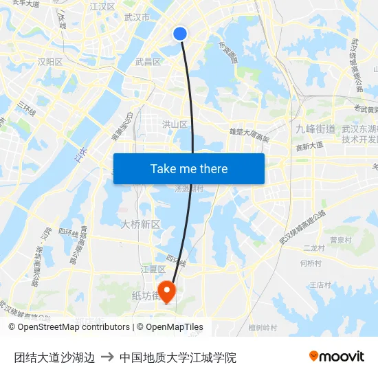 团结大道沙湖边 to 中国地质大学江城学院 map