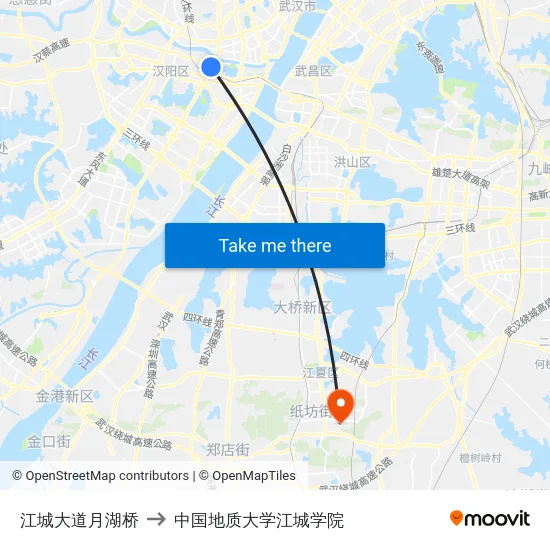 江城大道月湖桥 to 中国地质大学江城学院 map