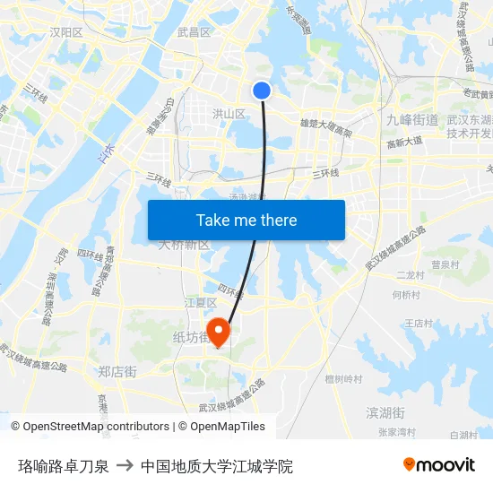 珞喻路卓刀泉 to 中国地质大学江城学院 map