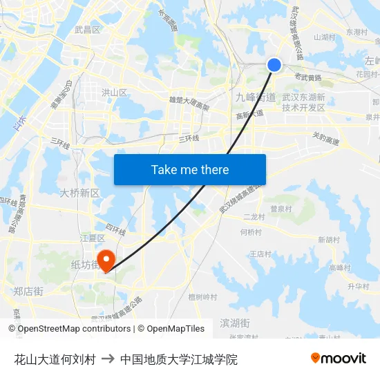 花山大道何刘村 to 中国地质大学江城学院 map