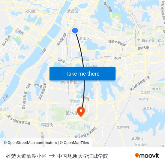 雄楚大道晒湖小区 to 中国地质大学江城学院 map