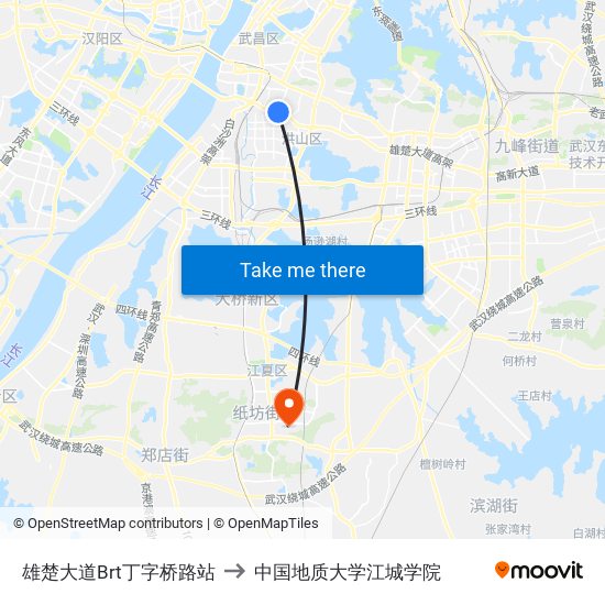 雄楚大道Brt丁字桥路站 to 中国地质大学江城学院 map