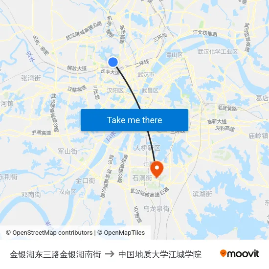 金银湖东三路金银湖南街 to 中国地质大学江城学院 map