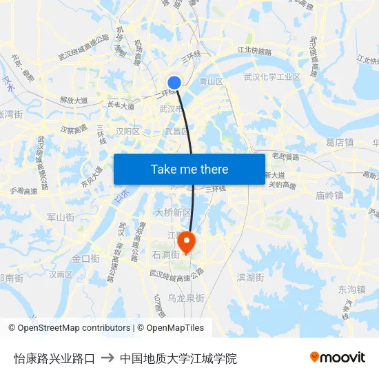 怡康路兴业路口 to 中国地质大学江城学院 map