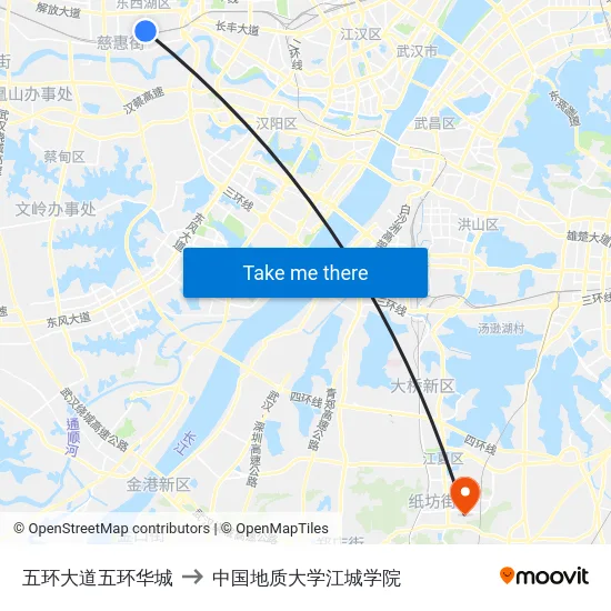 五环大道五环华城 to 中国地质大学江城学院 map