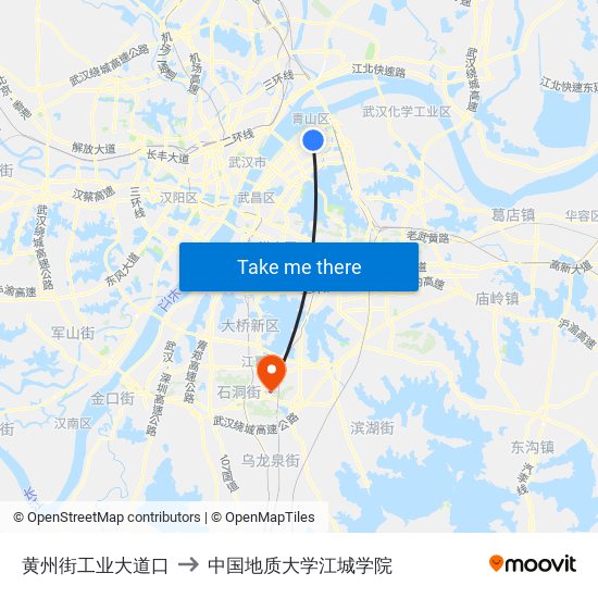 黄州街工业大道口 to 中国地质大学江城学院 map