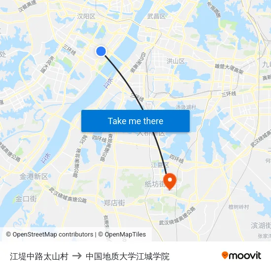 江堤中路太山村 to 中国地质大学江城学院 map