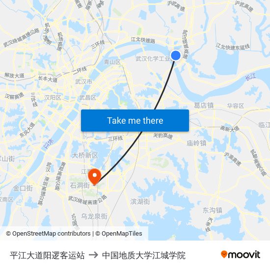 平江大道阳逻客运站 to 中国地质大学江城学院 map