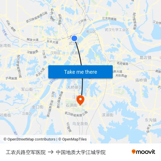 工农兵路空军医院 to 中国地质大学江城学院 map