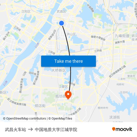 武昌火车站 to 中国地质大学江城学院 map