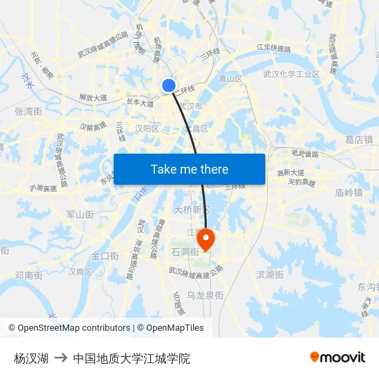 杨汊湖 to 中国地质大学江城学院 map