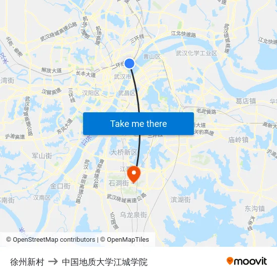 徐州新村 to 中国地质大学江城学院 map