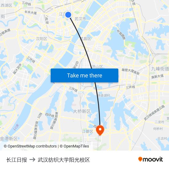 长江日报 to 武汉纺织大学阳光校区 map