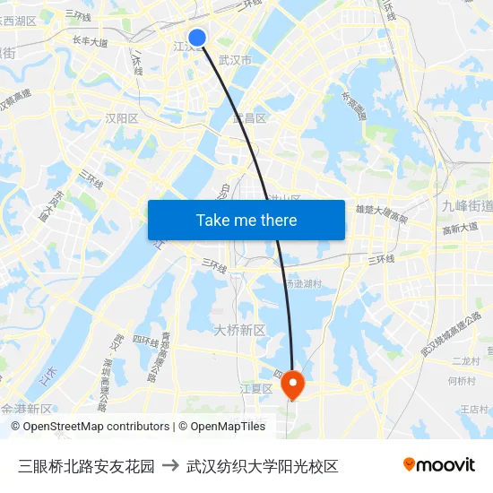 三眼桥北路安友花园 to 武汉纺织大学阳光校区 map