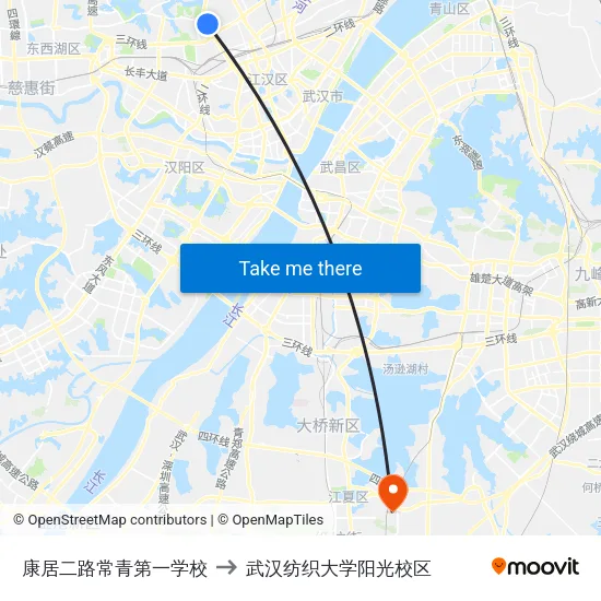 康居二路常青第一学校 to 武汉纺织大学阳光校区 map