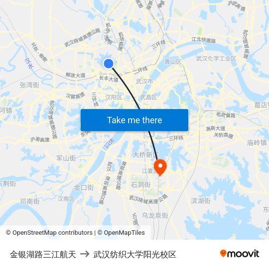 金银湖路三江航天 to 武汉纺织大学阳光校区 map