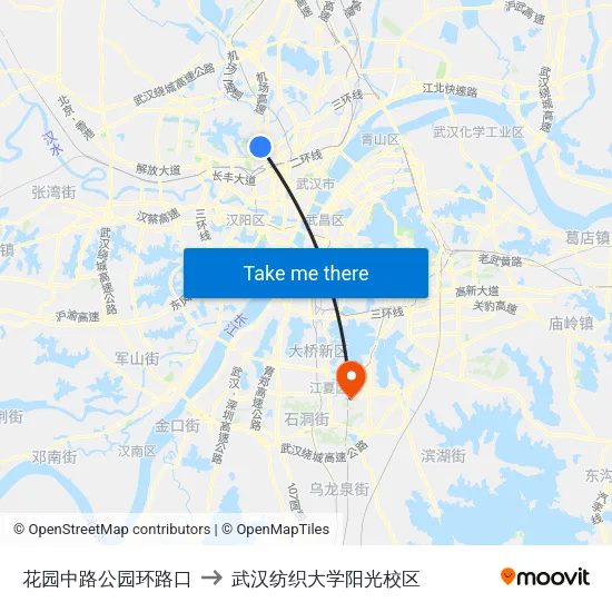 花园中路公园环路口 to 武汉纺织大学阳光校区 map