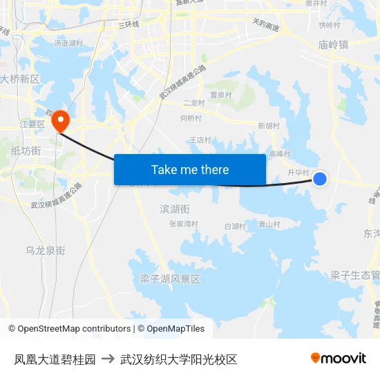 凤凰大道碧桂园 to 武汉纺织大学阳光校区 map