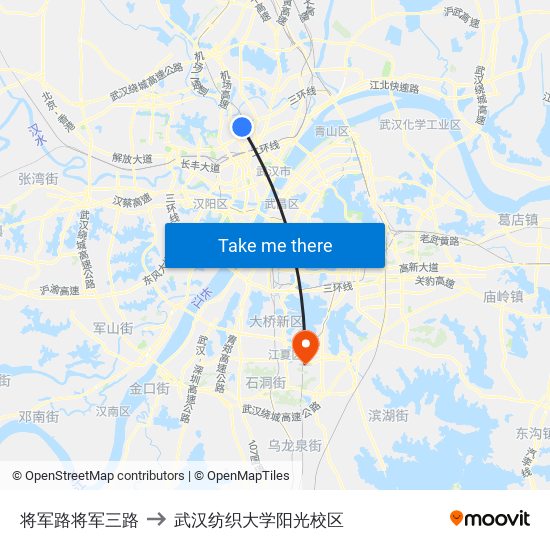 将军路将军三路 to 武汉纺织大学阳光校区 map