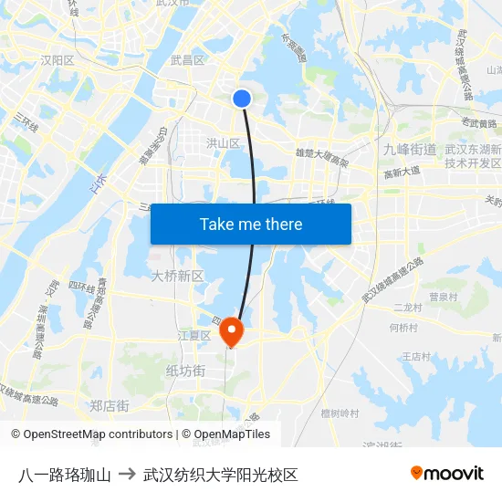 八一路珞珈山 to 武汉纺织大学阳光校区 map