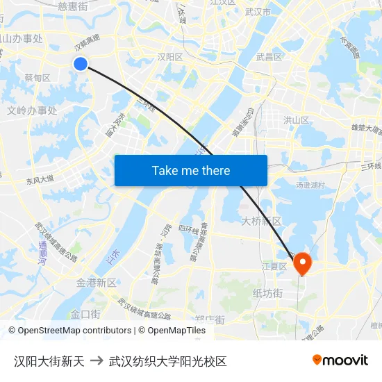 汉阳大街新天 to 武汉纺织大学阳光校区 map