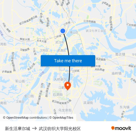 新生活摩尔城 to 武汉纺织大学阳光校区 map