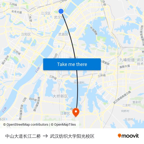 中山大道长江二桥 to 武汉纺织大学阳光校区 map