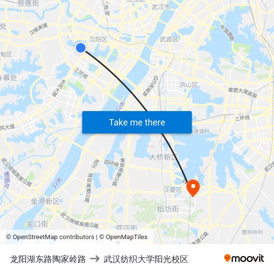龙阳湖东路陶家岭路 to 武汉纺织大学阳光校区 map