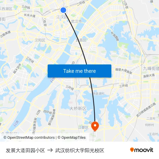 发展大道田园小区 to 武汉纺织大学阳光校区 map