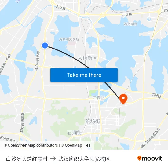 白沙洲大道红霞村 to 武汉纺织大学阳光校区 map