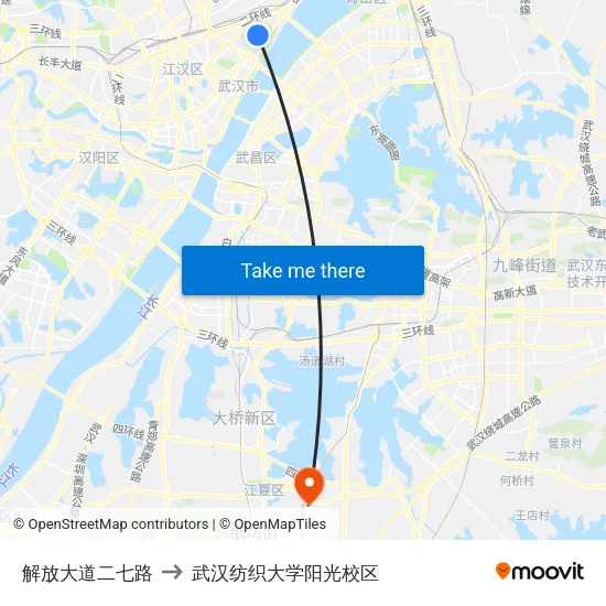 解放大道二七路 to 武汉纺织大学阳光校区 map