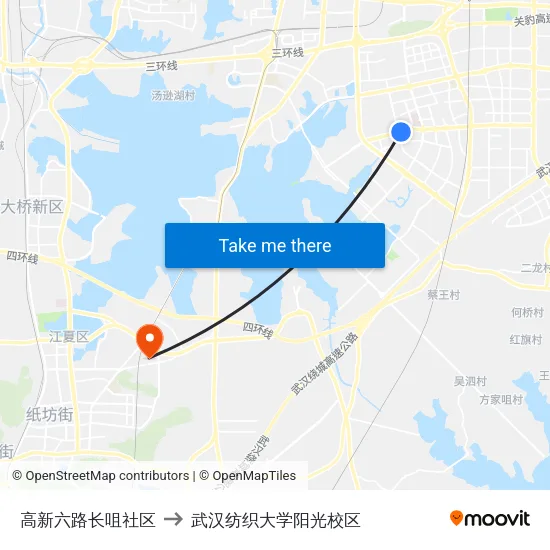高新六路长咀社区 to 武汉纺织大学阳光校区 map