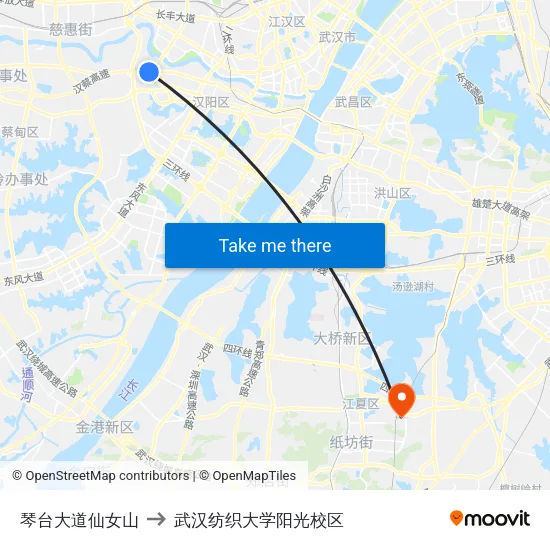 琴台大道仙女山 to 武汉纺织大学阳光校区 map