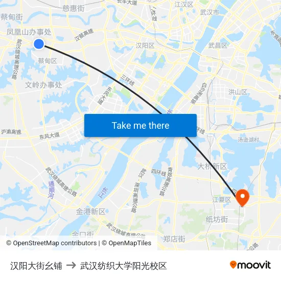 汉阳大街幺铺 to 武汉纺织大学阳光校区 map