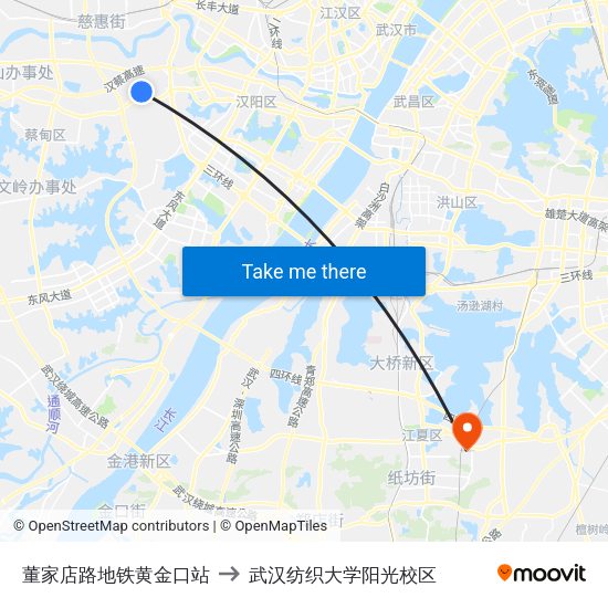 董家店路地铁黄金口站 to 武汉纺织大学阳光校区 map
