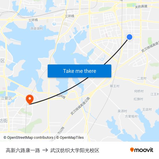 高新六路康一路 to 武汉纺织大学阳光校区 map