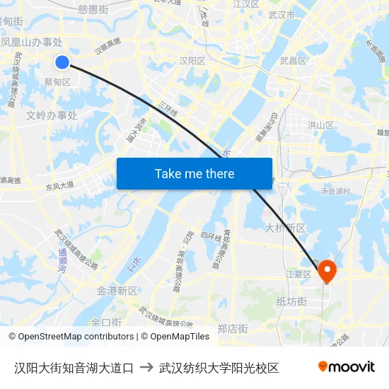 汉阳大街知音湖大道口 to 武汉纺织大学阳光校区 map