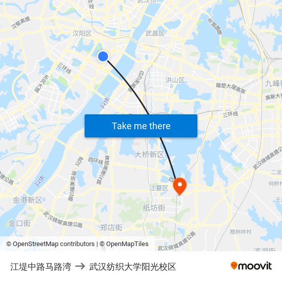 江堤中路马路湾 to 武汉纺织大学阳光校区 map