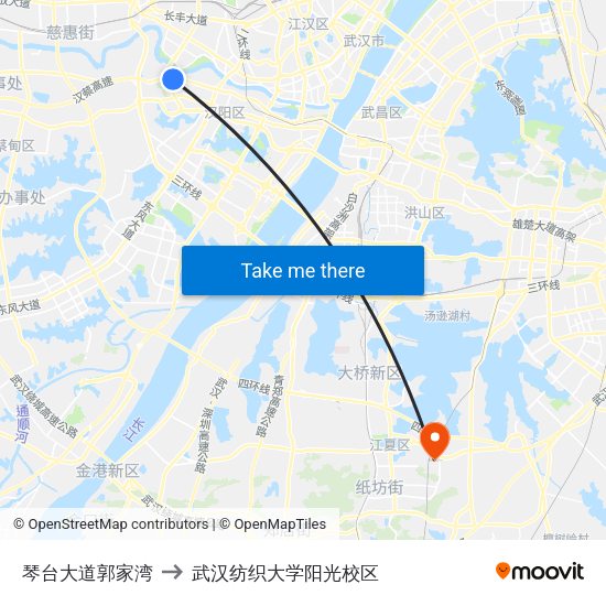琴台大道郭家湾 to 武汉纺织大学阳光校区 map