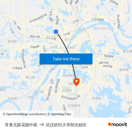 常青北路花园中路 to 武汉纺织大学阳光校区 map