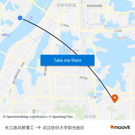 长江路武桥重工 to 武汉纺织大学阳光校区 map