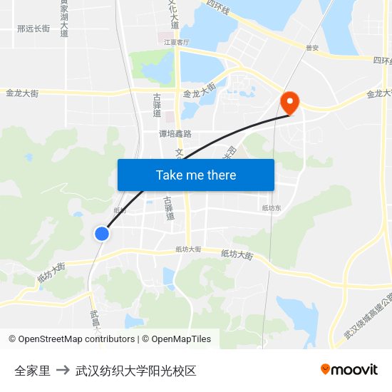 全家里 to 武汉纺织大学阳光校区 map