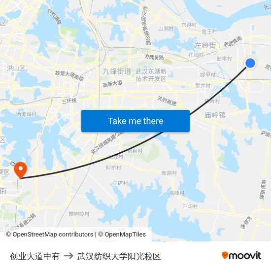 创业大道中有 to 武汉纺织大学阳光校区 map
