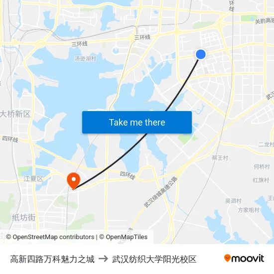 高新四路万科魅力之城 to 武汉纺织大学阳光校区 map