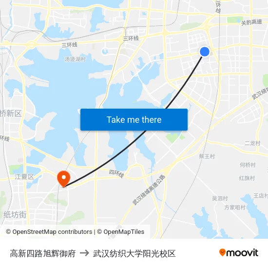 高新四路旭辉御府 to 武汉纺织大学阳光校区 map
