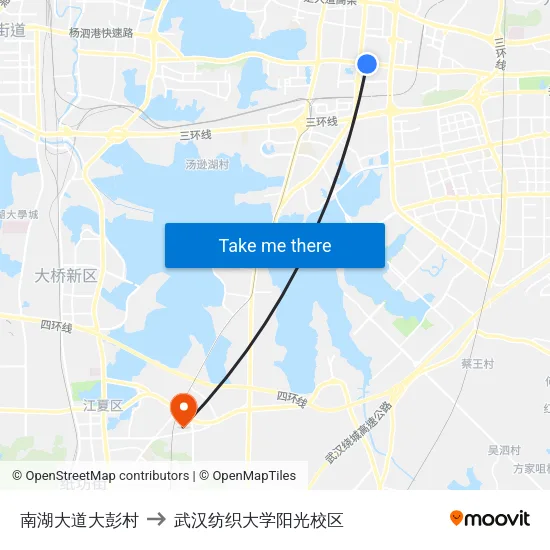 南湖大道大彭村 to 武汉纺织大学阳光校区 map