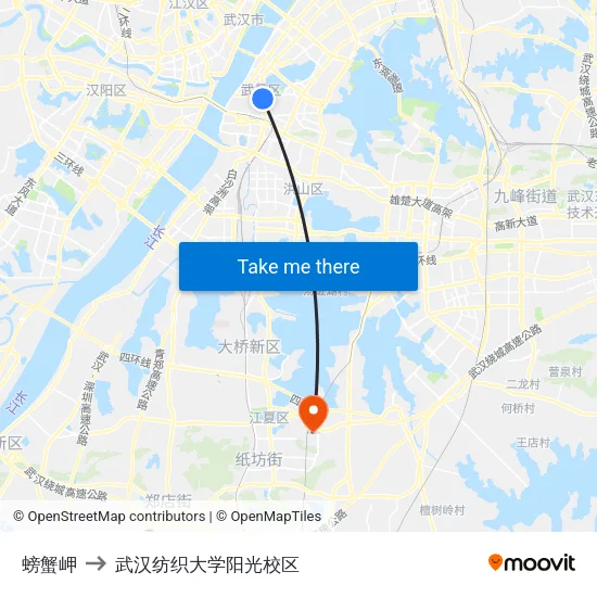 螃蟹岬 to 武汉纺织大学阳光校区 map