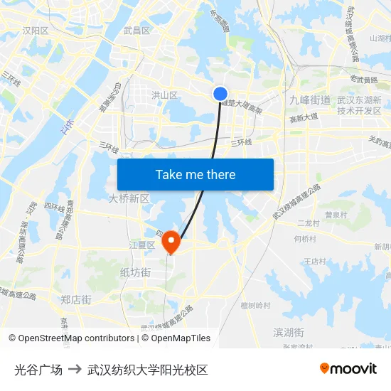 光谷广场 to 武汉纺织大学阳光校区 map