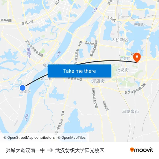 兴城大道汉南一中 to 武汉纺织大学阳光校区 map
